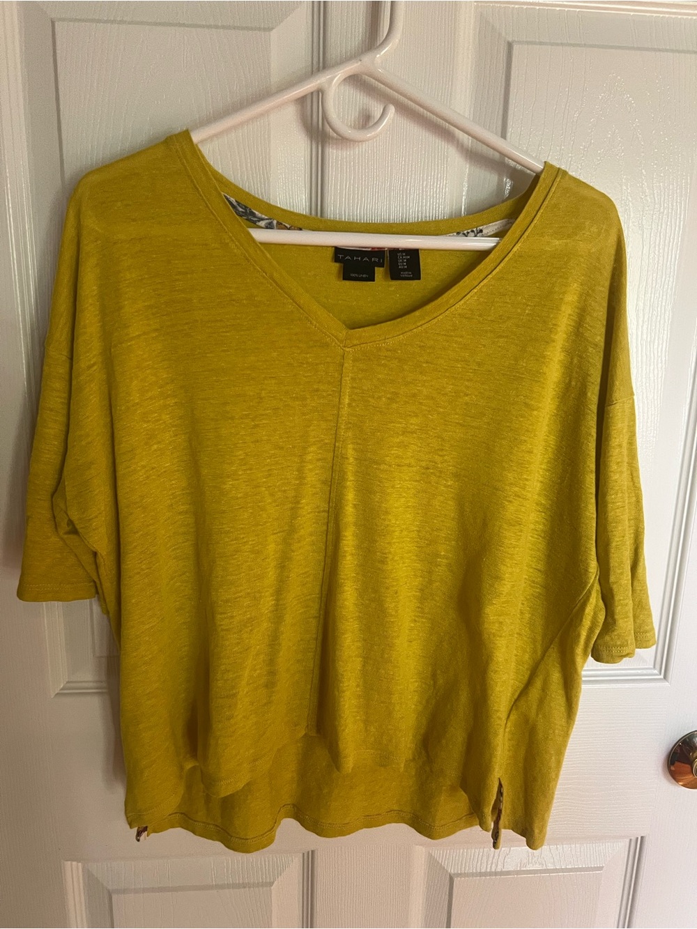 Tahari 100% Linen Relaxed V-Neck Short Sleeve Top in Mustard Yellow